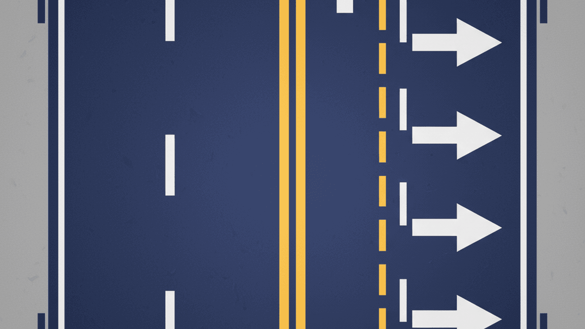 Overhead diagram: double solid yellow centerline with adjacent broken yellow to show passing exceptions (MUTCD-style arrows)