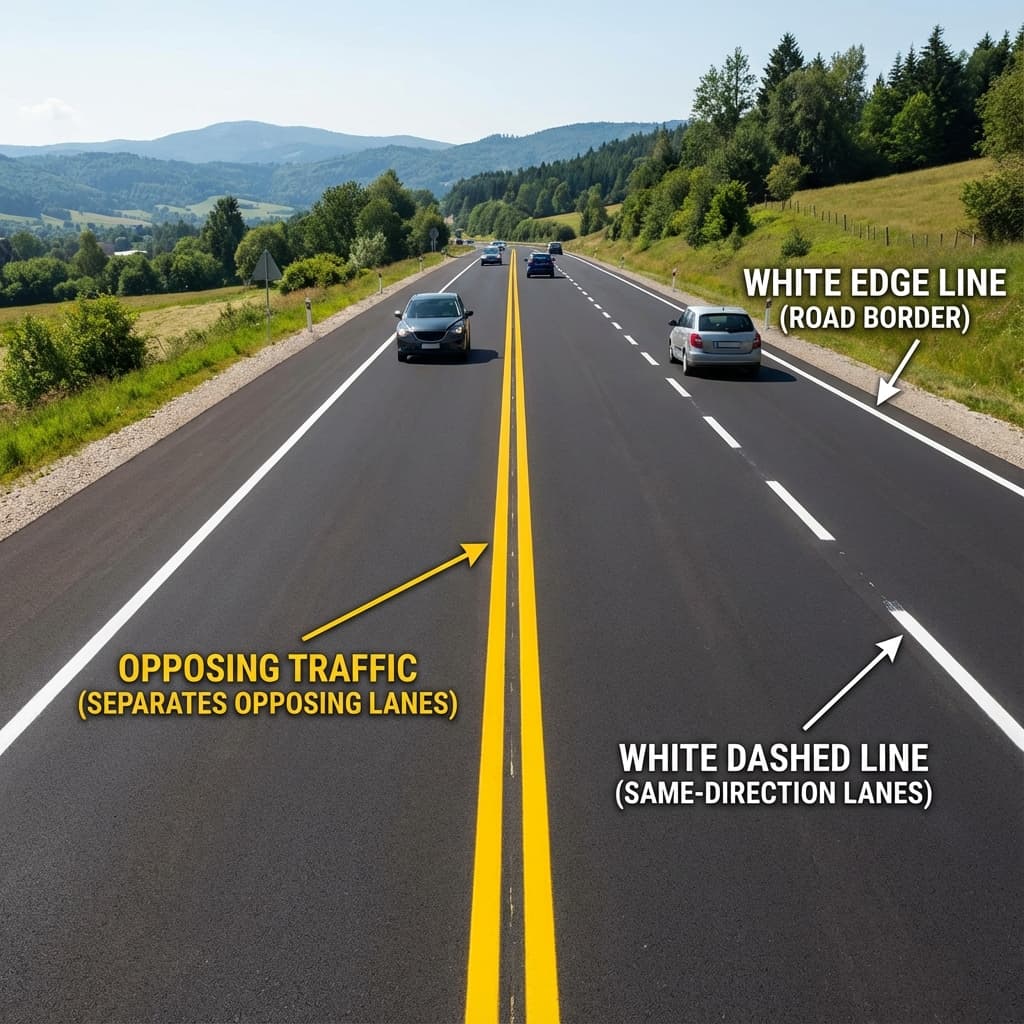 Road showing both yellow center lines and white edge lines, contrasting the two types of markings