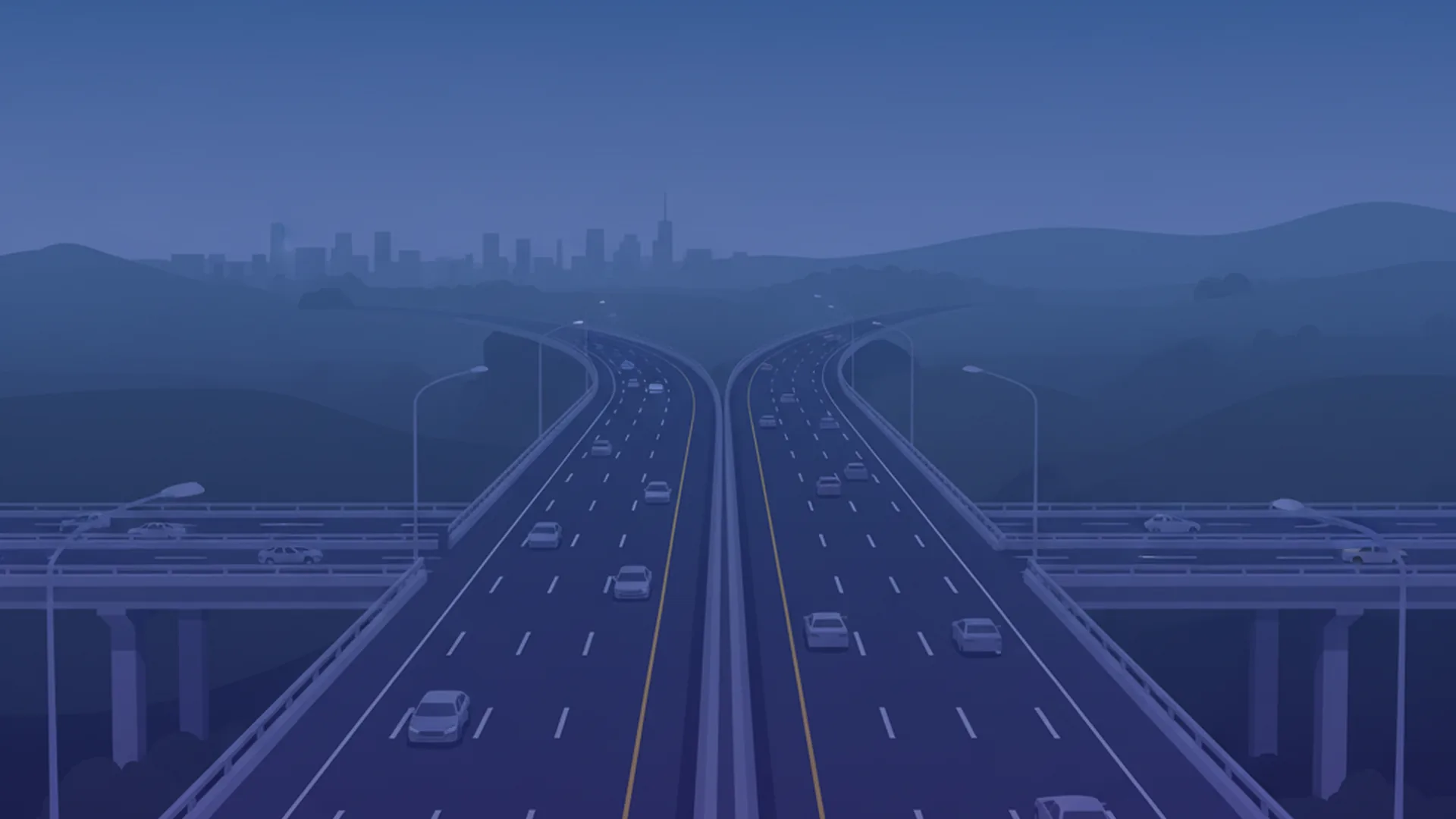 Aerial view of a multi-lane U.S. highway at dusk